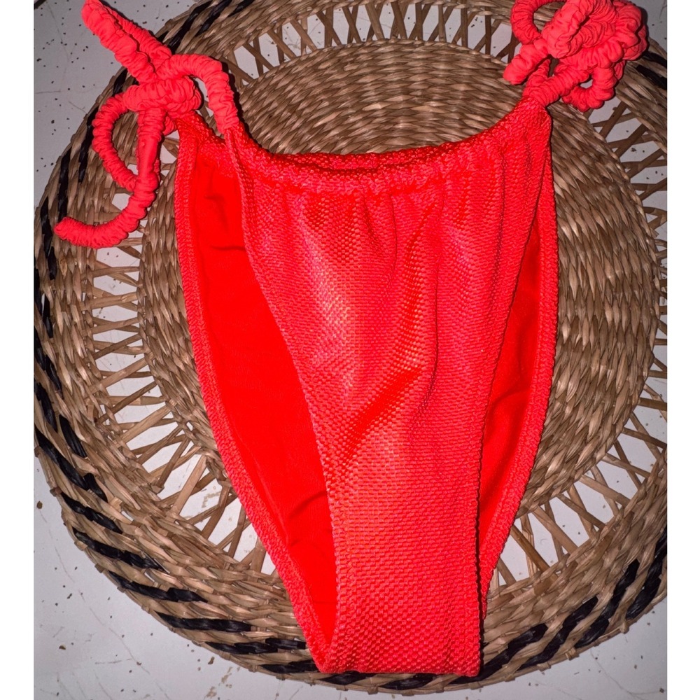 Aerie Real Good Cheekiest Bikini Bottom Neon Orange Textured Side Tie Medium NWT